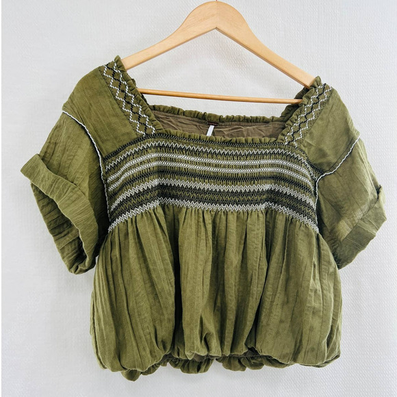 FREE PEOPLE Wandering Skies Green Top size medium bohemian prairie spring - Picture 3 of 12